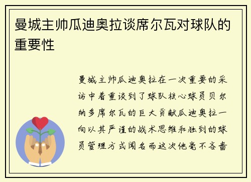 曼城主帅瓜迪奥拉谈席尔瓦对球队的重要性